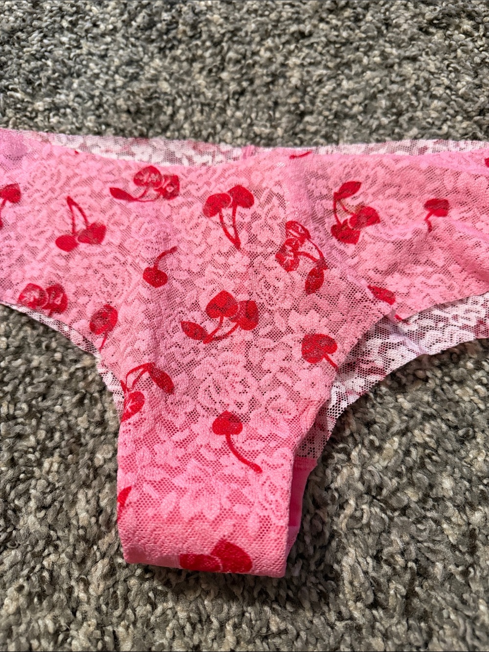 PINK Victoria's Secret Pink Lace Cheeky Panty with Red Cherry Print